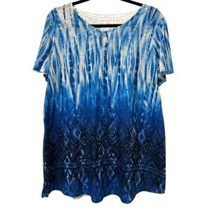 TIME TRU Tie Dye Shirt Women's XL Blue White Rhinestone Crochet Neck